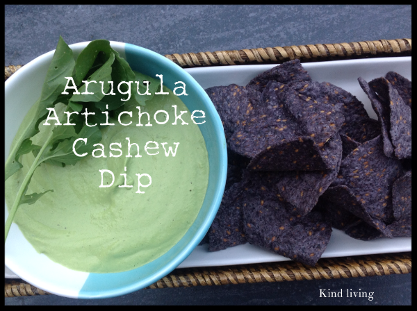 Arugula Artichoke Cashew Dip with purple corn chips